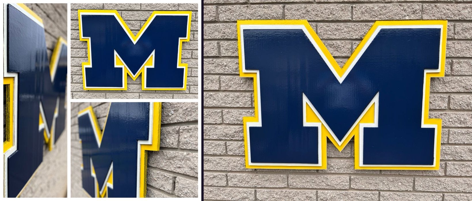 Custom large navy Michigan block M cutout with maize and white trim on a brick wall, collage of close-up angles and the full front view
