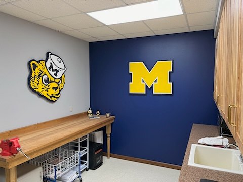 Custom Michigan block M on a navy accent wall with the vintage Wolverine mascot on the gray wall in an office workroom