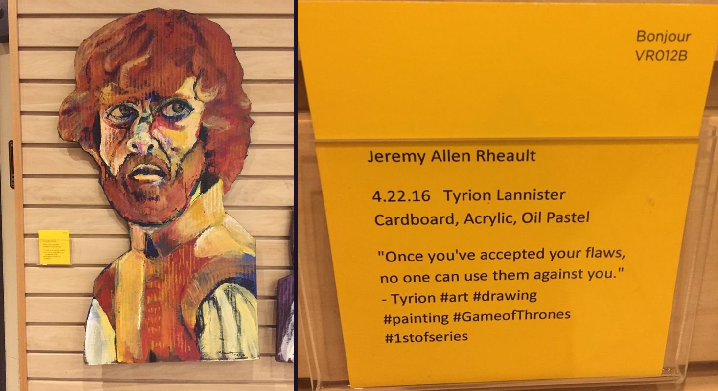 Painted cardboard portrait of Tyrion Lannister next to its gallery card