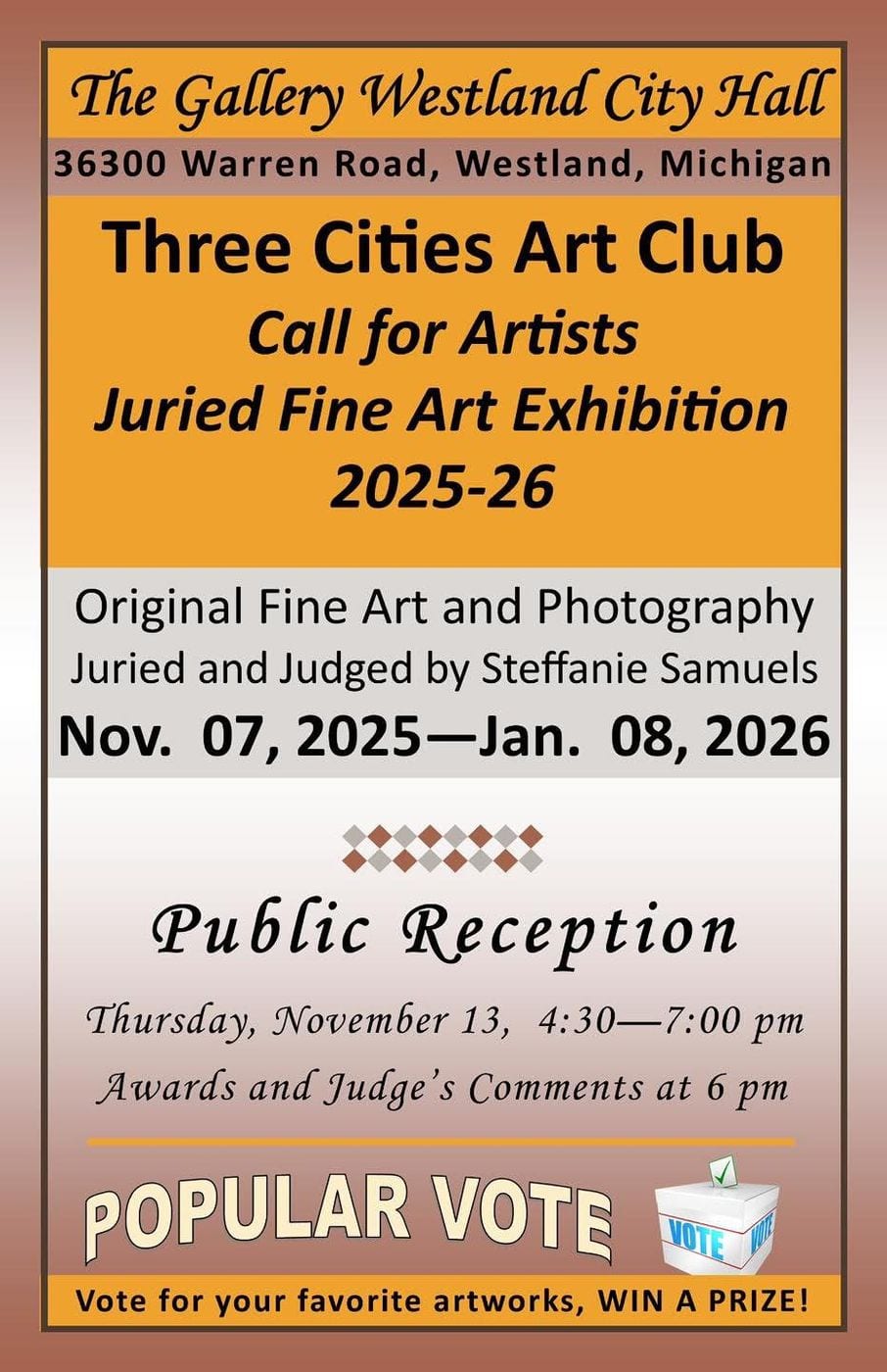 Exhibition poster: The Gallery Westland City Hall, Three Cities Art Club Juried Fine Art Exhibition, Nov. 7, 2025 to Jan. 8, 2026
