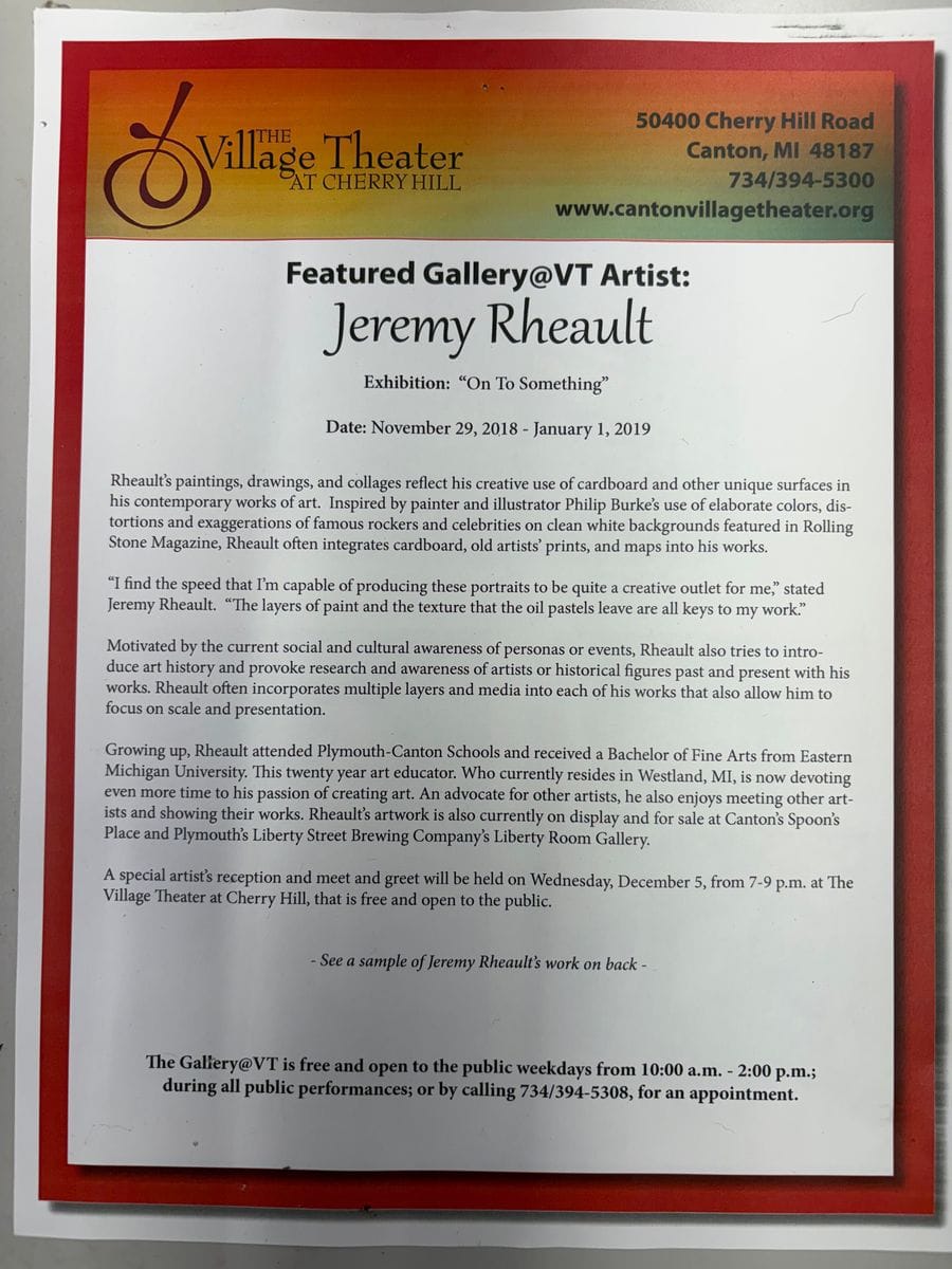 Village Theater flyer: Featured Gallery@VT Artist Jeremy Rheault, On To Something, November 29, 2018 to January 1, 2019