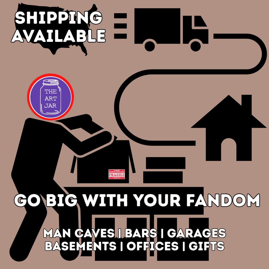 Shipping available across the USA: a person packing a box marked Fragile, a delivery truck and a home, with The Art Jar jar logo and Go Big With Your Fandom