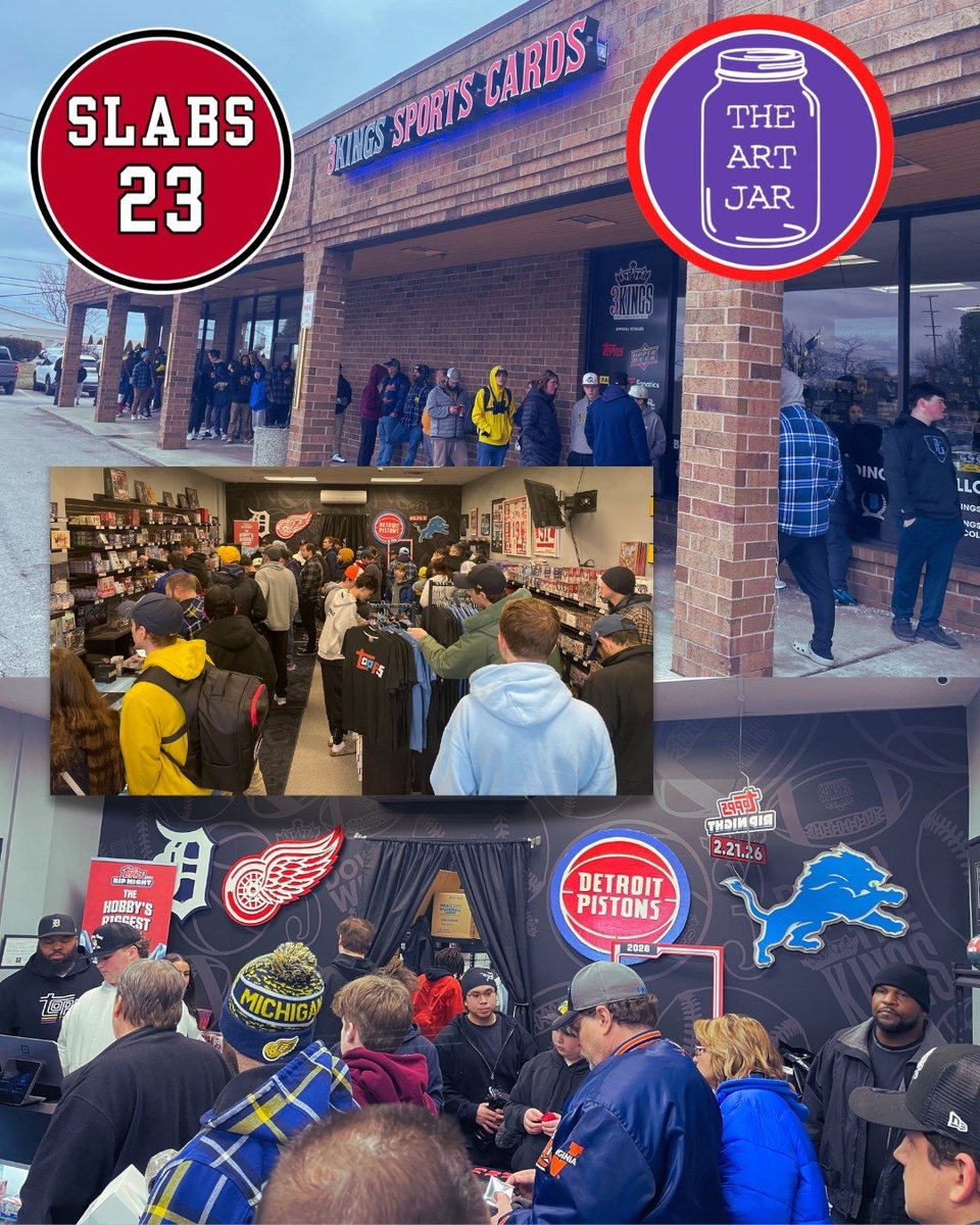 Collage of a busy Rip Night at 3 Kings Sports Cards and Collectibles in Canton, with the Tigers, Red Wings, Pistons and Lions logo cutouts on the wall, plus the Slabs 23 and The Art Jar logos