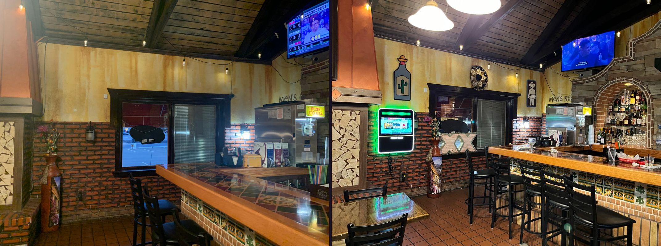 The Los Amigos cantina bar room before and after, with the empty yellow wall on the left and the hand-cut tequila bottle on the wall on the right