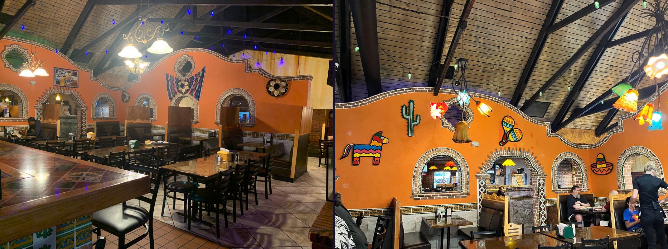 The Los Amigos orange dining room wall before and after, bare on the left and with the hand-cut piñata, cactus, maracas and sombrero above the arched windows on the right