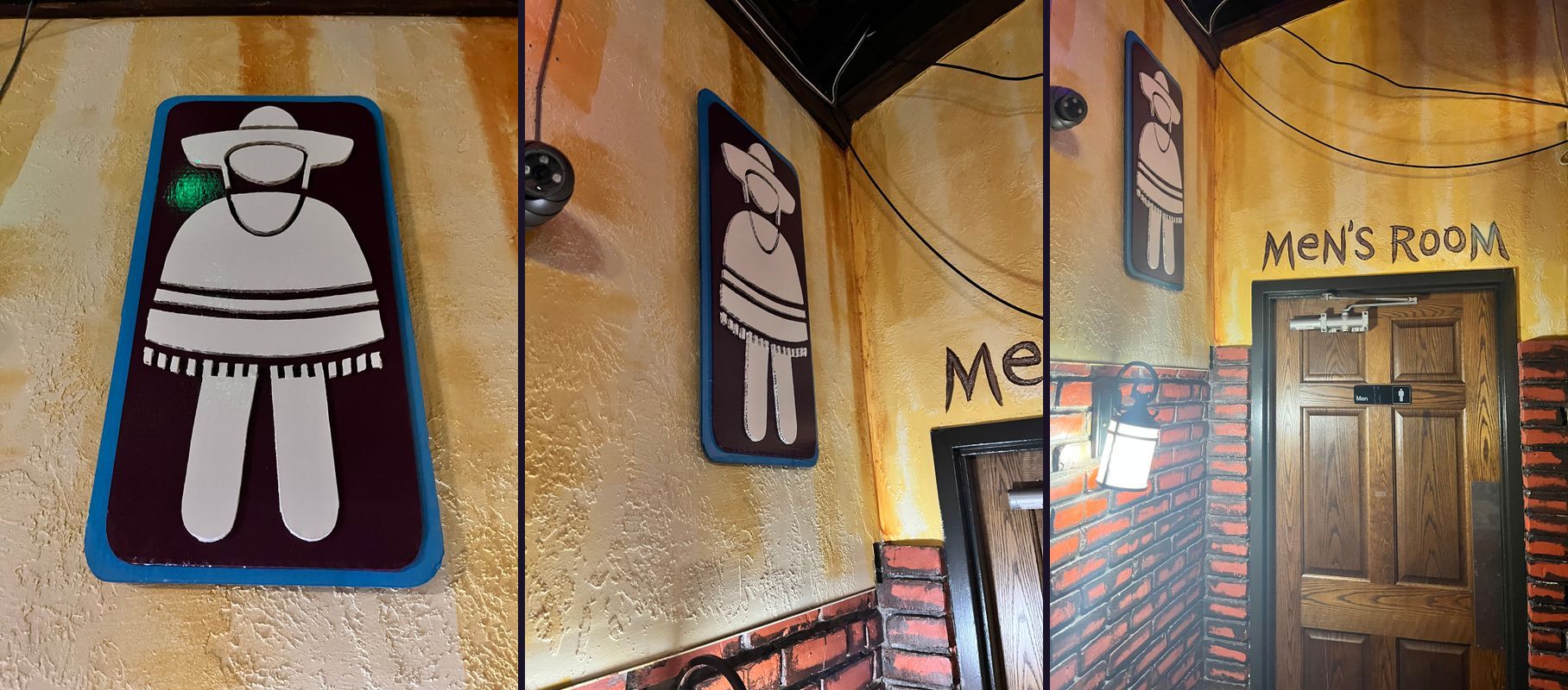Three views of the hand-cut men’s restroom sign with a figure in a sombrero and poncho at Los Amigos, including the Men’s Room door