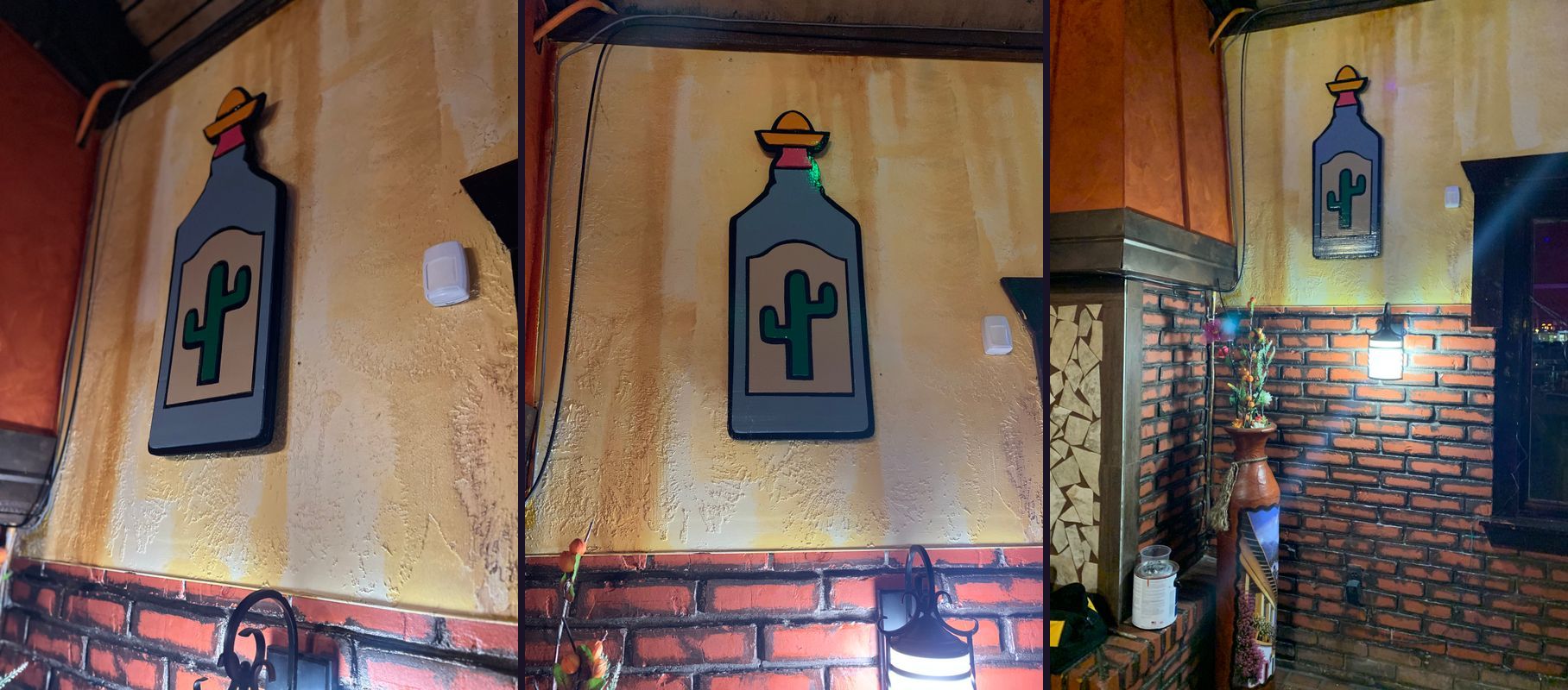Three views of the hand-cut tequila bottle with a cactus label on the cantina wall at Los Amigos
