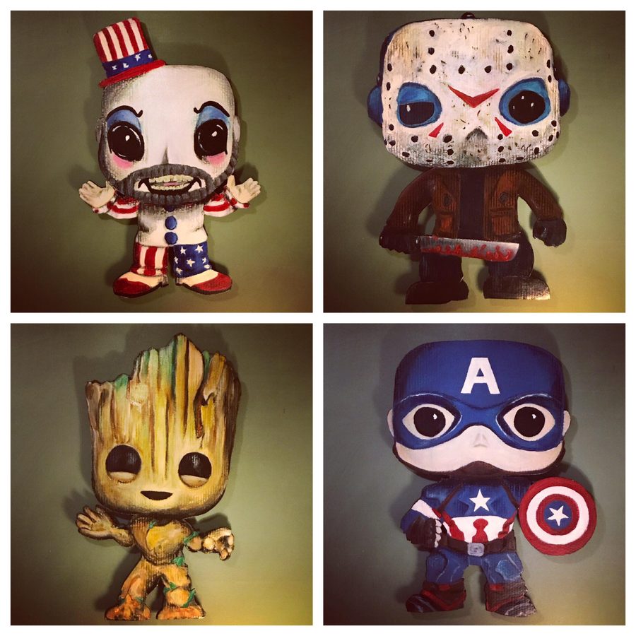 Collage of four hand-painted Funko-style cutouts: Captain Spaulding, Jason Voorhees, Groot and Captain America