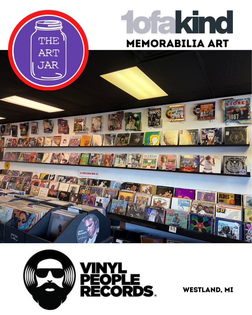 The Art Jar 1ofakind Memorabilia Art graphic showing the record wall at Vinyl People Records in Westland, Michigan, with hand-embellished album pieces above the shelves